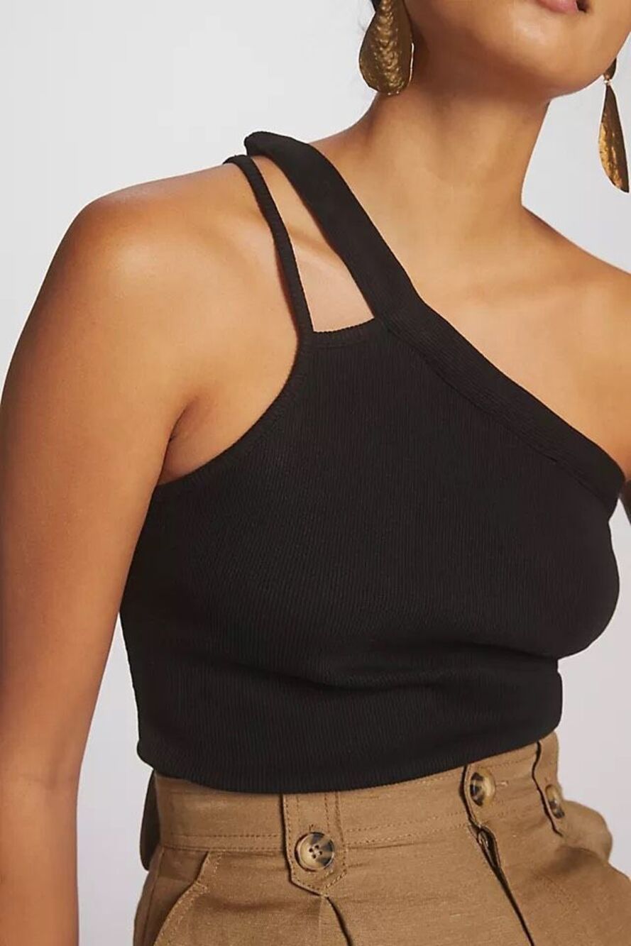 Maeve Anthropologie One Shoulder Black Ribbed Tank Size Medium